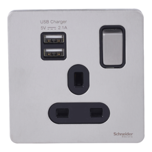 SCHNEIDER 13A Single Switched Socket With 2X2.1A USB stainless Steel