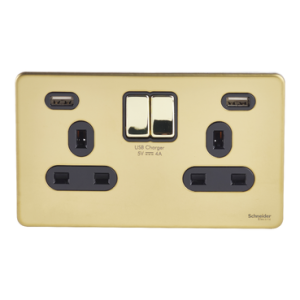 SCHNEIDER 13A  Double Switched Socket With 2X2.1A USB Antique Brass