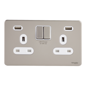 SCHNEIDER 13A  Double Switched Socket With 2X2.1A USB Pearl Nickel
