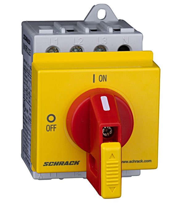 Main switch, 3 pole, 40 A, Emergency-Stop function, Lockable in the 0 (Off) position, rr mounting, with 400 mm metal shaft