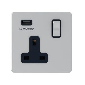 13A 1 Gang Switched Socket with 2.4Amp USB Output Silver - Snowlite
