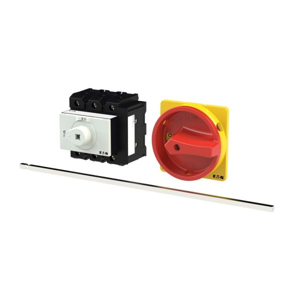 Main switch, 3 pole, 100 A, Emergency-Stop function, Lockable in the 0 (Off) position, rr mounting, with 400 mm metal shaft-Eaton