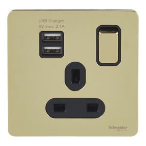 SCHNEIDER 13A Single Switched Socket With 2X2.1A USB Polished Brass