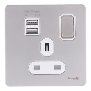 SCHNEIDER 13A Single Switched Socket With 2X2.1A USB Pearl Nickel