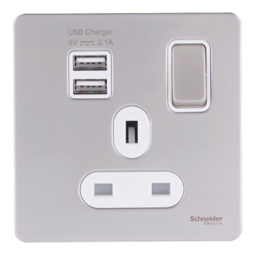 SCHNEIDER 13A Single Switched Socket With 2X2.1A USB Pearl Nickel-Schneider