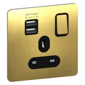 SCHNEIDER 13A Single Switched Socket With 2X2.1A USB Antique Brass
