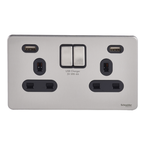 SCHNEIDER 13A Double Switched Socket With 2X2.1A USB Stainless Steel-Schneider