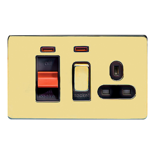 SCHNEIDER 45A Cooker+13A Switched Socket with Neon Polished Brass-Schneider